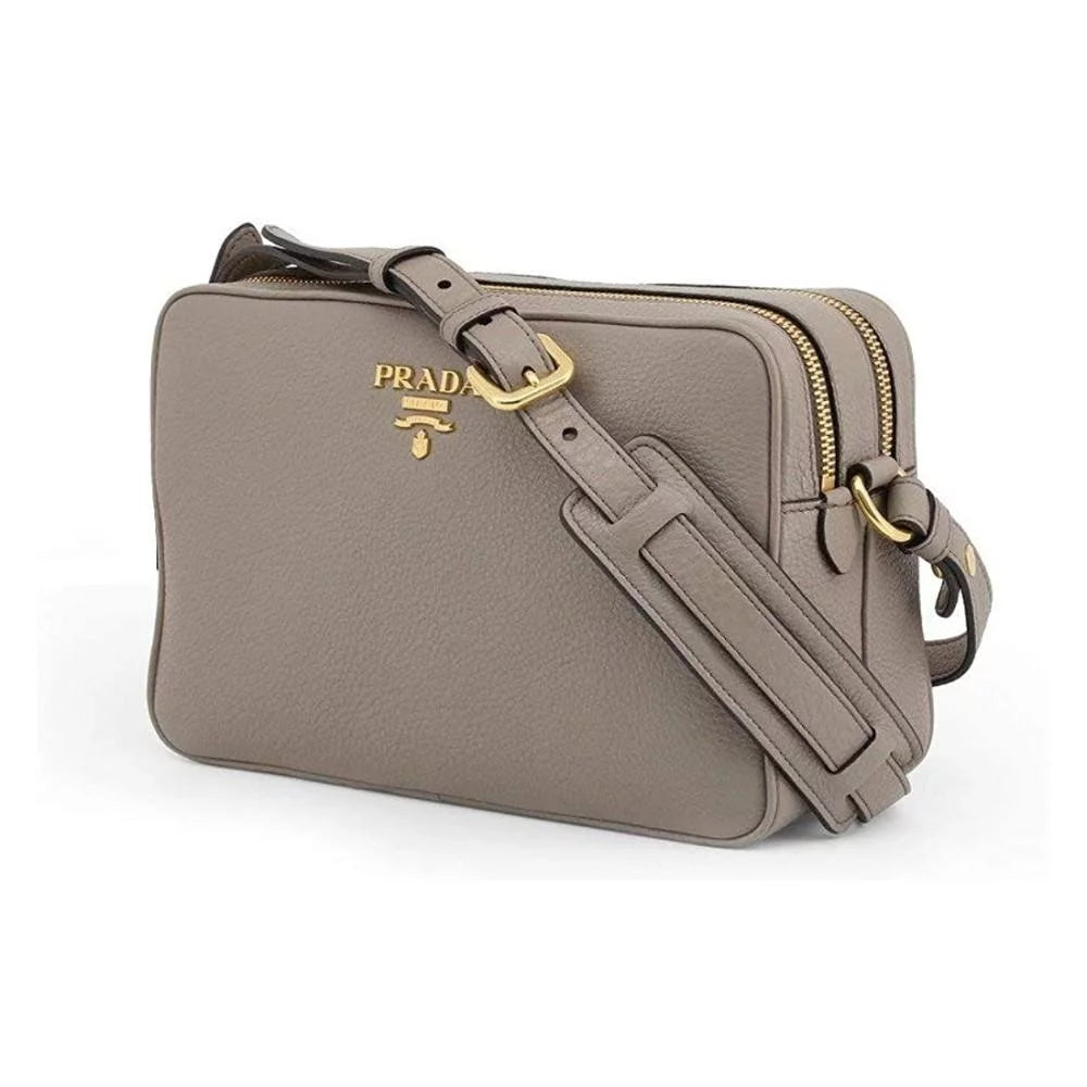 New Argilla Grey Vitello Phenix Leather Double Zip Crossbody Bag 1BH079