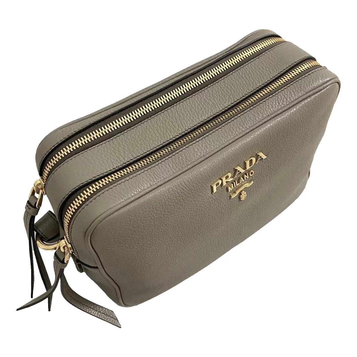 New Argilla Grey Vitello Phenix Leather Double Zip Crossbody Bag 1BH079