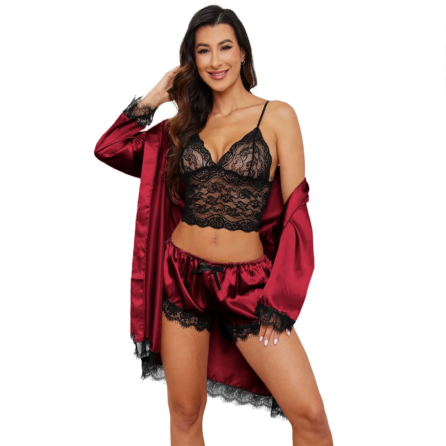 Sexy Lingerie, Silk Satin Pajamas for Women, Womens Summer Pajamas Pjs Sets of 4 Pcs with Floral Lace Top Shorts and Robe, Gift for Women, Black, XXL
