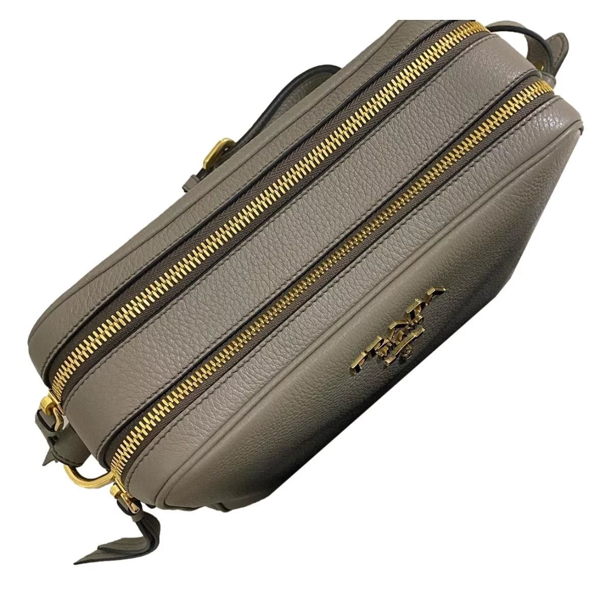 New Argilla Grey Vitello Phenix Leather Double Zip Crossbody Bag 1BH079