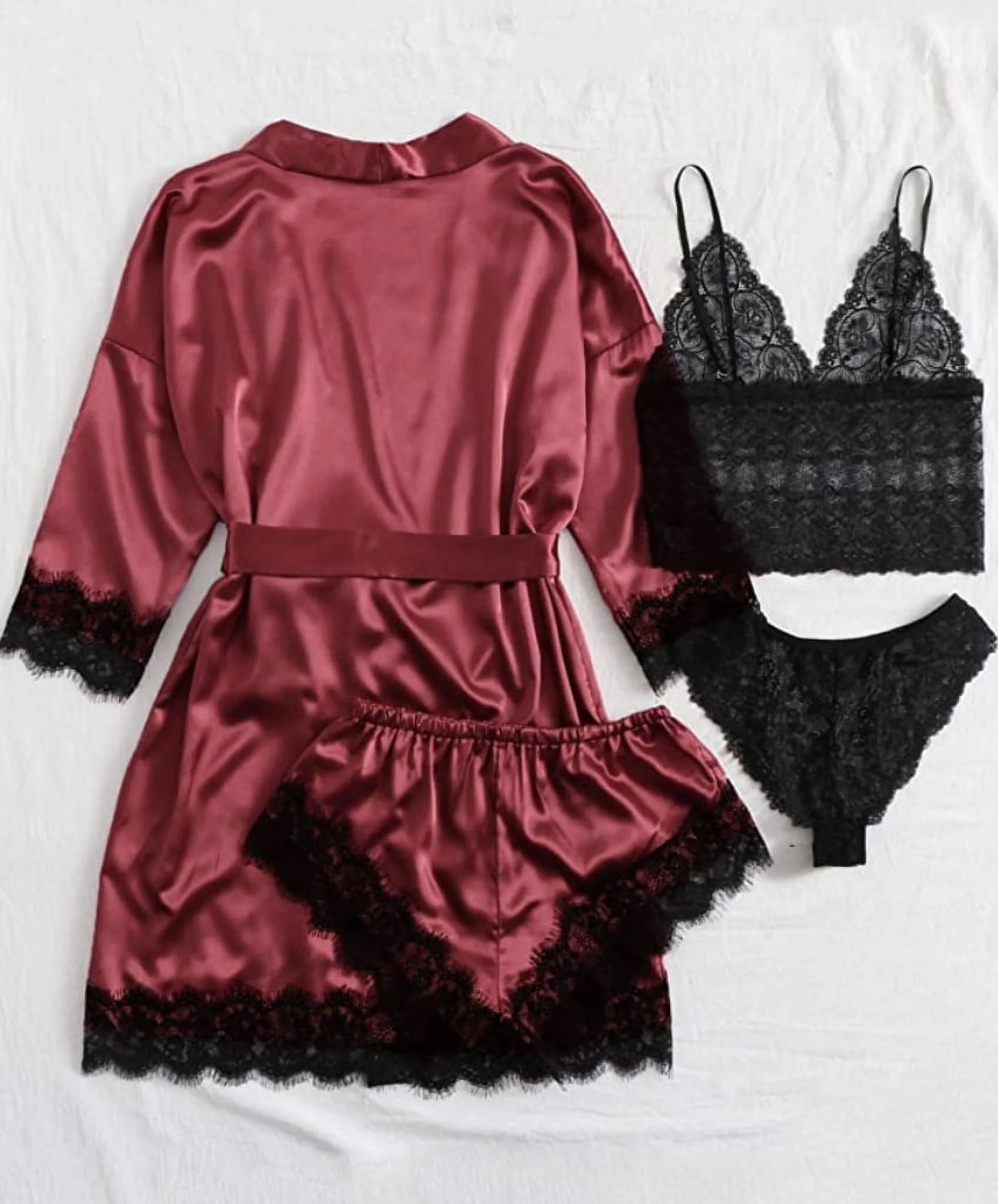 Sexy Lingerie, Silk Satin Pajamas for Women, Womens Summer Pajamas Pjs Sets of 4 Pcs with Floral Lace Top Shorts and Robe, Gift for Women, Black, XXL