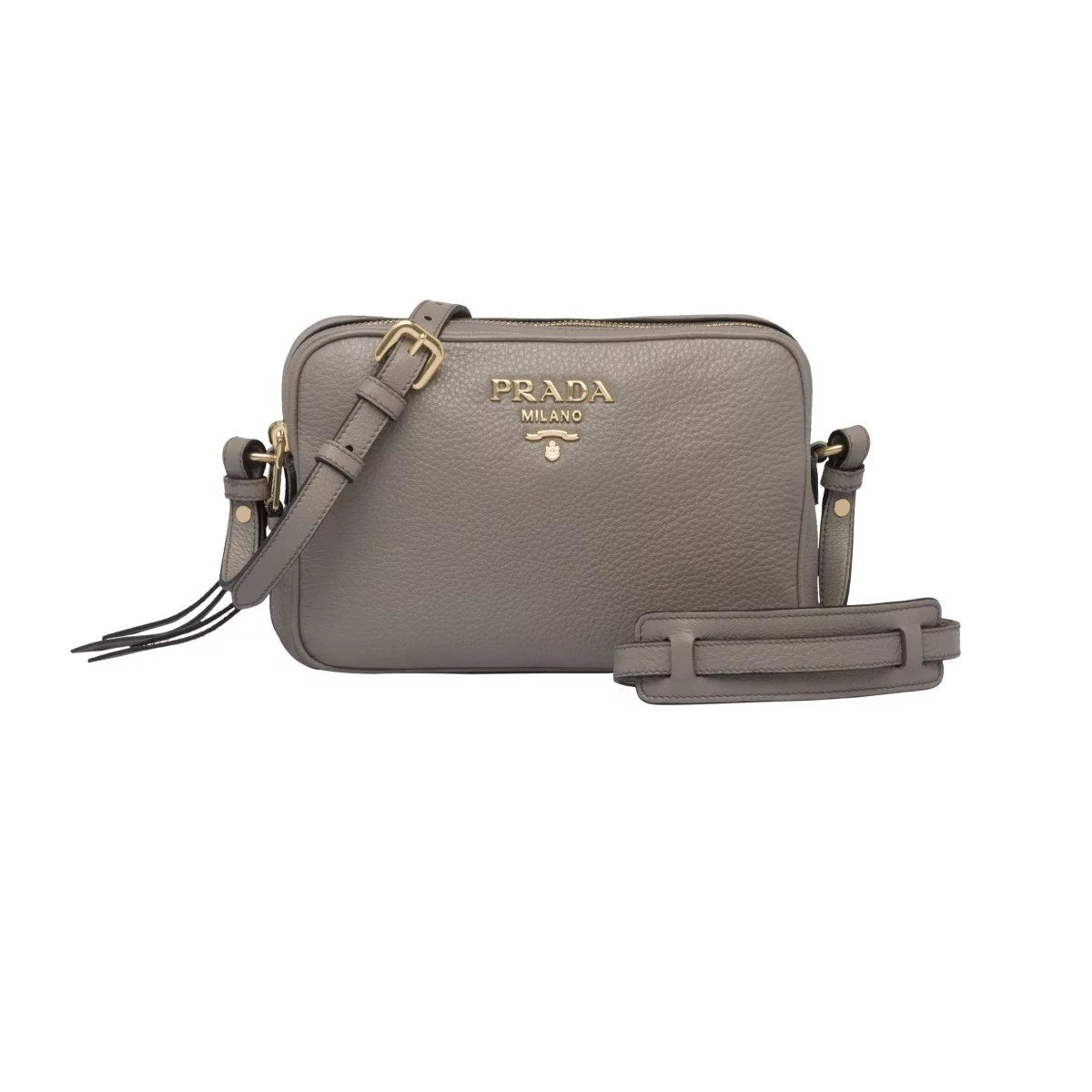 New Argilla Grey Vitello Phenix Leather Double Zip Crossbody Bag 1BH079