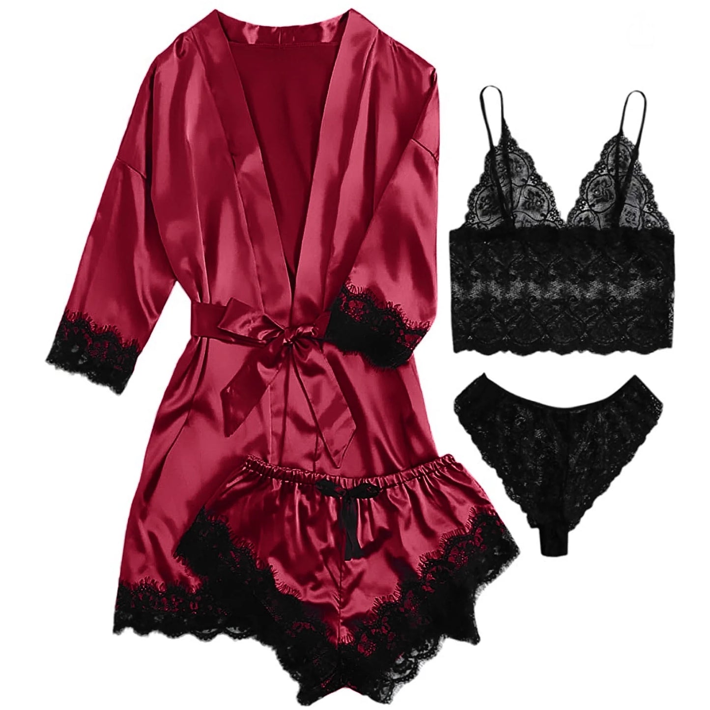 Sexy Lingerie, Silk Satin Pajamas for Women, Womens Summer Pajamas Pjs Sets of 4 Pcs with Floral Lace Top Shorts and Robe, Gift for Women, Black, XXL